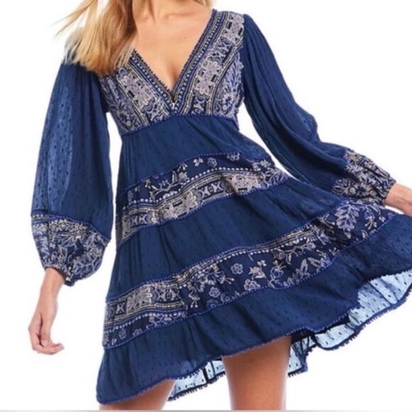 Free People My Love Mini Blue Boho Long Sleeve Indigo Short Dress - Picture 1 of 7